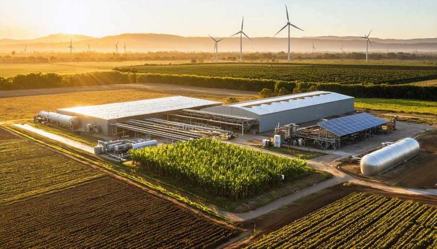 Illustration of an Australian farm at sunrise with biogas facilities, solar panels, and wind turbines transforming agricultural waste into energy.