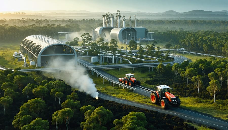 A futuristic landscape depicting eucalyptus forests alongside biodiesel production facilities, showcasing machinery powered by biodiesel; illustrating the synergy between sustainable forestry and renewable energy.