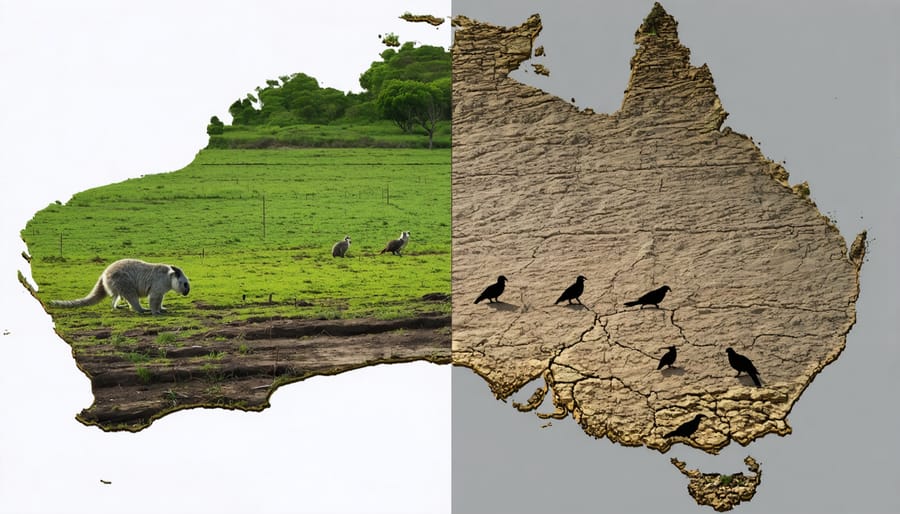 A split landscape showing Australia's rich wildlife habitat on one side and cleared land for bioenergy crops on the other, representing the tension between biodiversity conservation and renewable energy production.