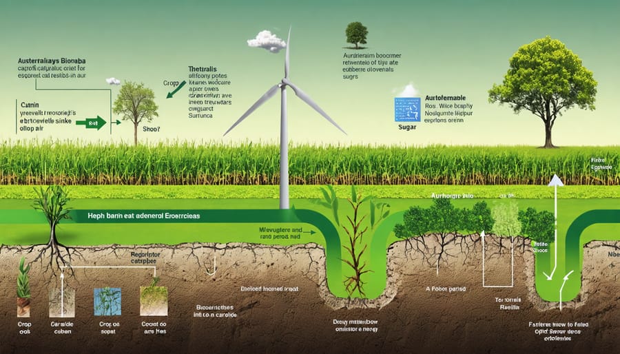 Illustration of bioenergy crops like mallee eucalyptus and sugar cane absorbing carbon dioxide with root systems storing carbon in the soil, highlighting their role as natural carbon sinks.