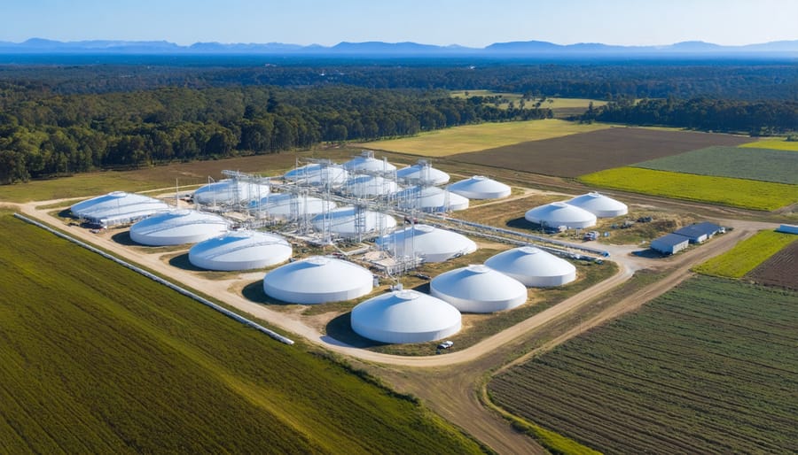 Modern bioenergy plant processing agricultural waste with steam rising from cooling towers