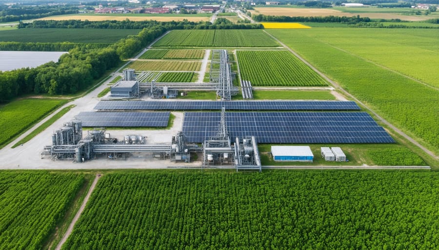 Modern Australian bioenergy facility surrounded by farmland showing integrated renewable energy systems