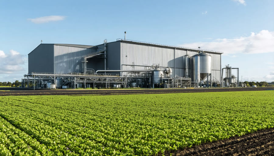 Large-scale bioenergy processing plant with storage silos and agricultural waste processing equipment