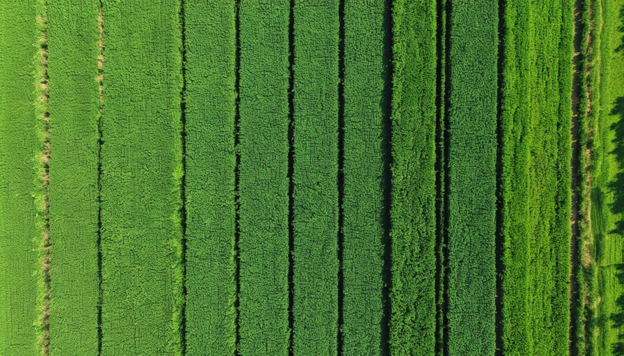 Bird's eye view of mixed-use farmland showing bioenergy crop fields adjacent to traditional crops