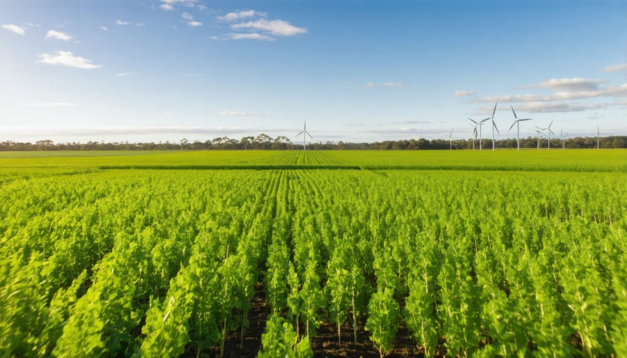 Aerial view of a thriving bioenergy crop field demonstrating sustainable soil management