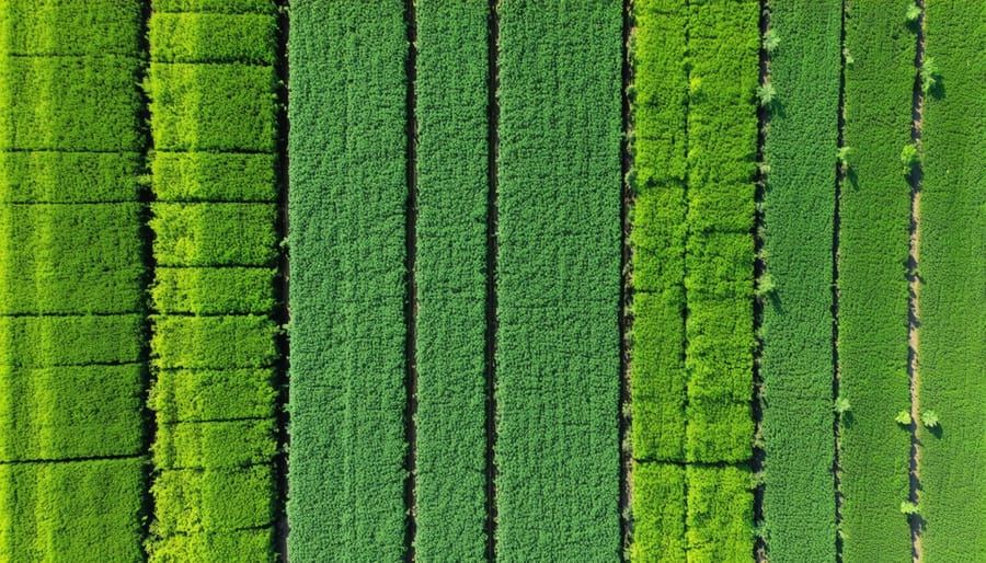 Aerial view of an Australian bioenergy crop field demonstrating successful soil management practices with visible soil enhancements and thriving diverse crops.