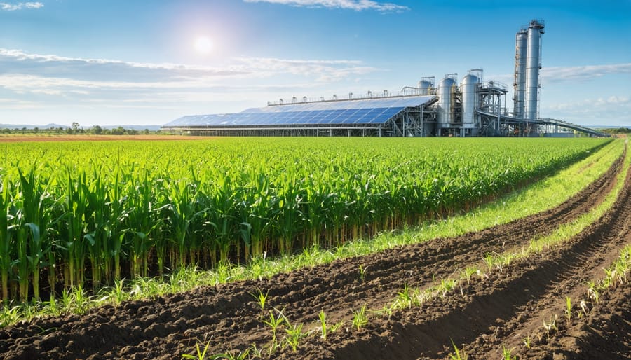 An expanse of Australian sugarcane fields with modern bioenergy facilities in the background, illustrating the integration of agriculture and renewable energy technology.