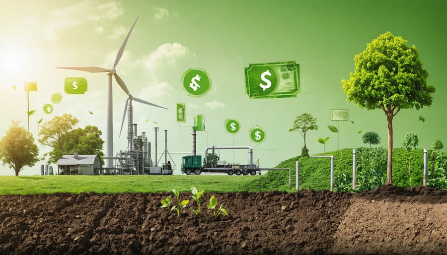 Creative illustration showing the process of converting agricultural and forest waste into renewable energy, enhancing Australia's carbon offset capabilities.