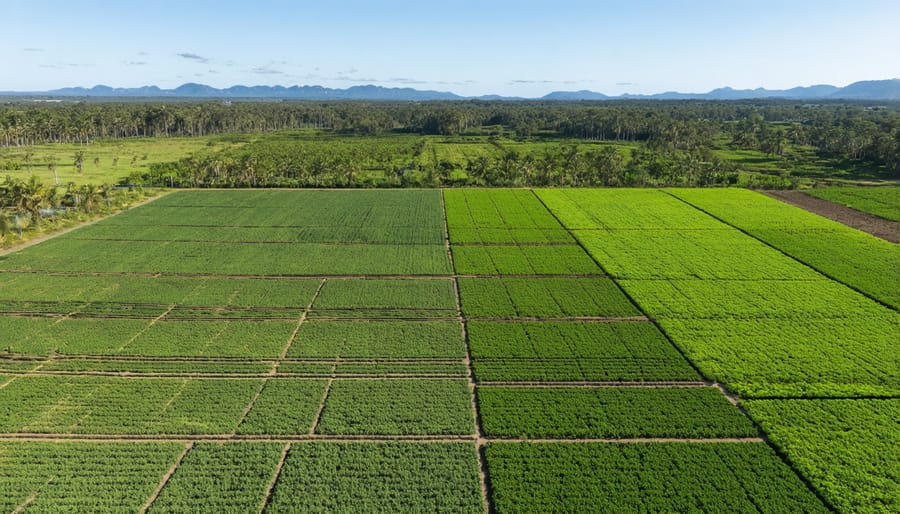 Aerial photograph of Australian biomass production facility with agricultural waste storage and energy crop fields