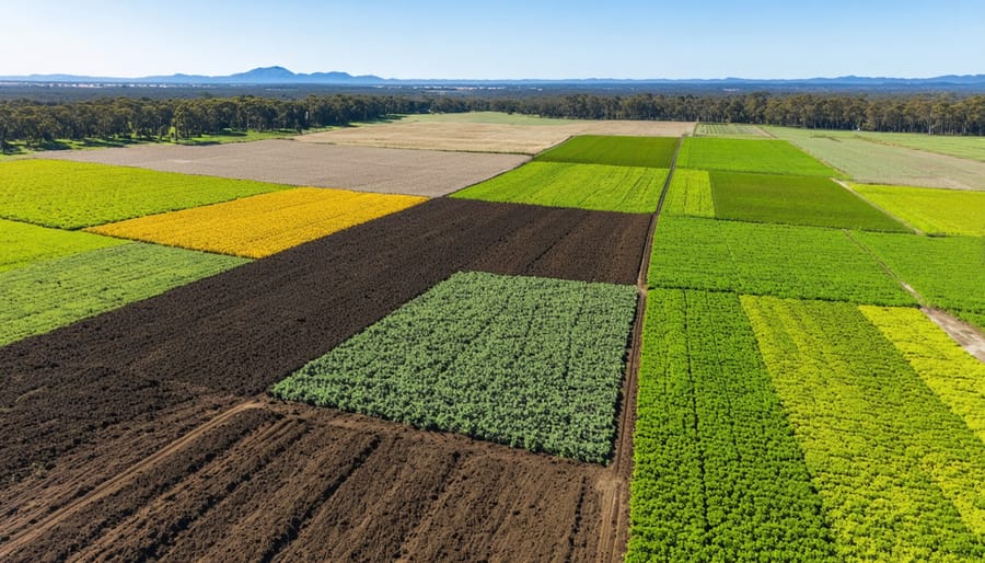 Aerial view of Australian farmland illustrating the integration of diverse crops and soil types, symbolizing carbon sequestration's role in sustainable agriculture.