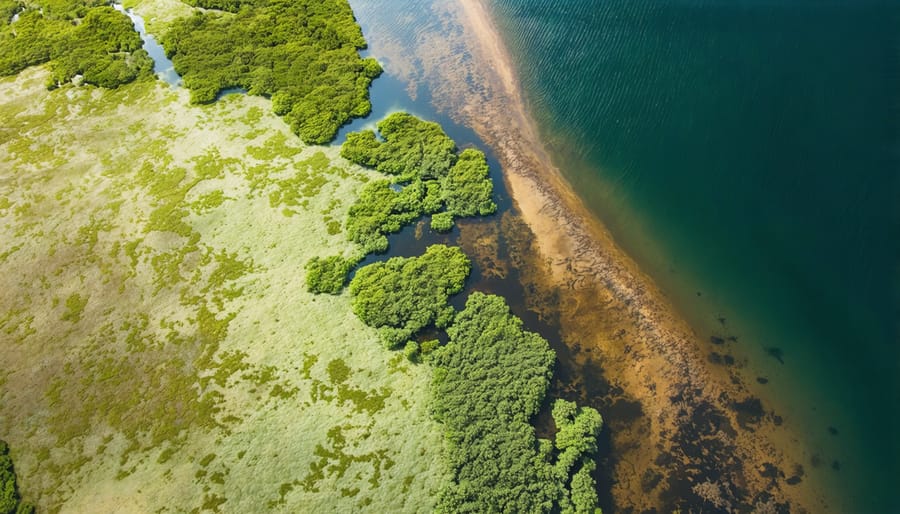 Bird's eye view of diverse Australian coastal ecosystems with mangroves and seagrass beds