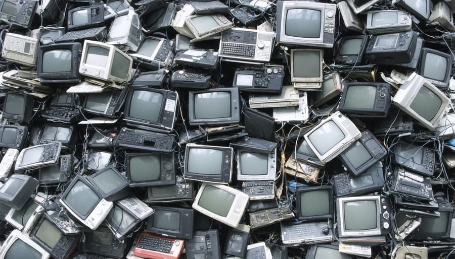 Large pile of discarded electronic waste including computers, smartphones, and televisions