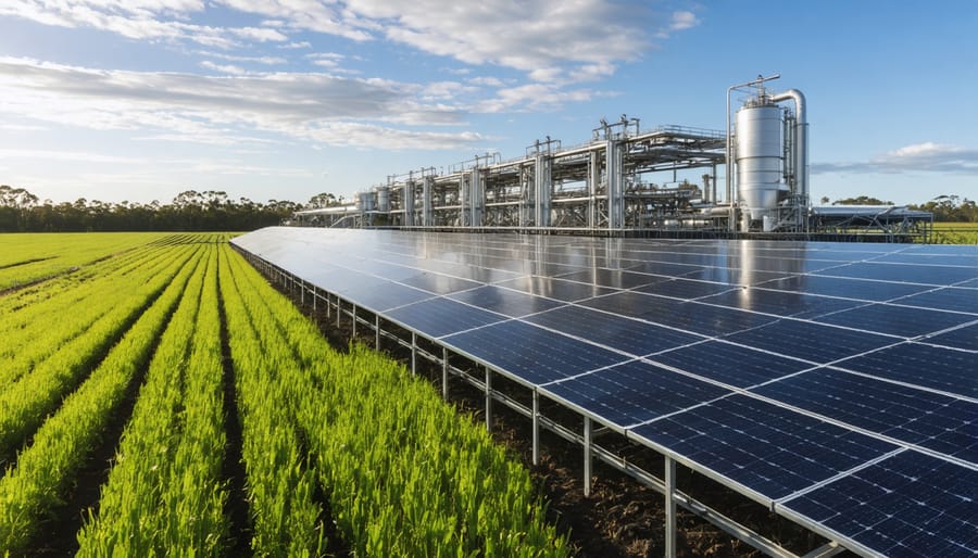 Aerial view of an Australian farm showcasing solar panels and irrigation systems alongside a bioenergy facility, set against sugar cane fields, representing sustainable farming and renewable energy practices.