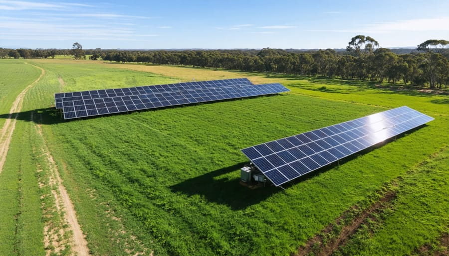 Drone photograph showing solar arrays alongside irrigation channels on an Australian farm