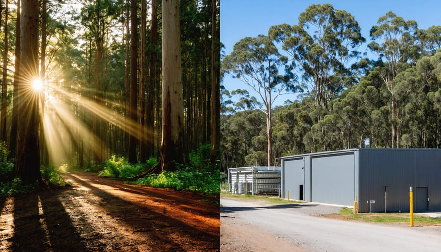 Illustration showing a lush eucalyptus forest transitioning into a modern biomass processing facility, symbolizing the transformation of forest waste into sustainable energy.