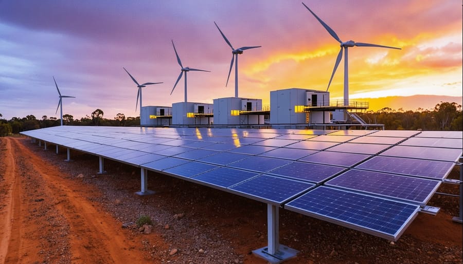 Futuristic landscape featuring solar panels, wind turbines, and large battery storage facilities in Australia during sunset with Indigenous motifs.