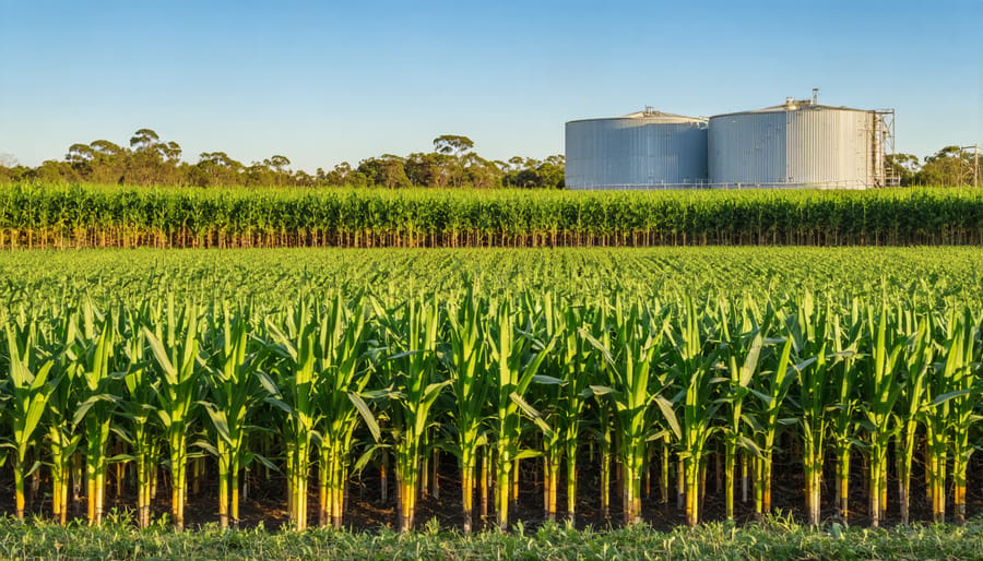 Vast sugarcane plantation in Australia with bioenergy processing plant visible