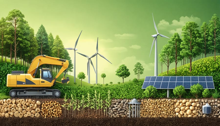 Illustration showcasing Australia's sustainable biomass energy transformation, depicting managed forest areas, biomass processing, and renewable energy generation.