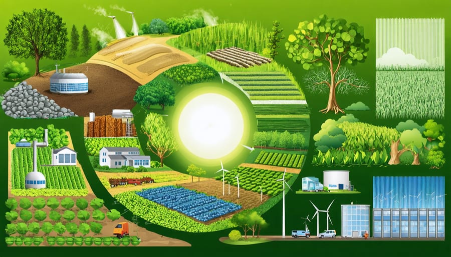 Conceptual illustration depicting the conversion of agricultural waste into renewable energy at Australia's bioenergy hubs, highlighting the circular economy and sustainable practices.