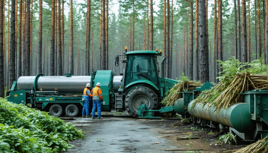 Industrial biodiesel production facility with employees operating machinery and monitoring processes