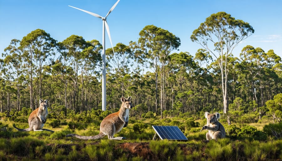 An artistic representation of bioenergy plantations harmoniously coexisting with native Australian wildlife, featuring eucalyptus trees, kangaroos, and koalas alongside renewable energy symbols like wind turbines.