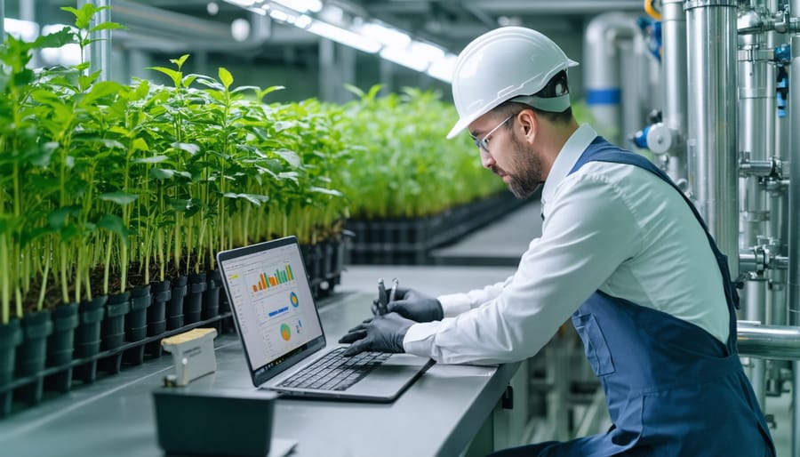 Bioenergy engineer monitoring control systems at a renewable energy plant