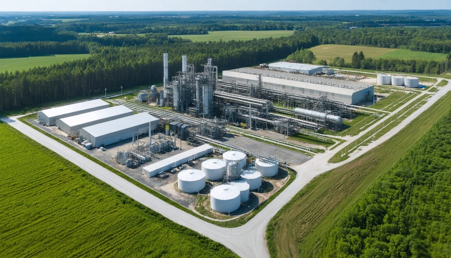 Modern bioenergy center facility with integrated processing units and storage areas