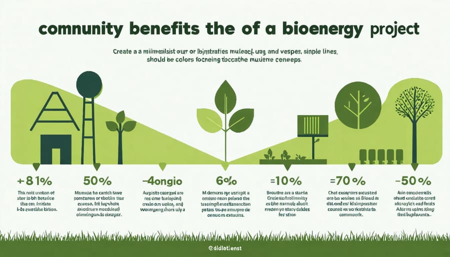 Visual diagram illustrating economic, social, and environmental benefits of bioenergy in local communities