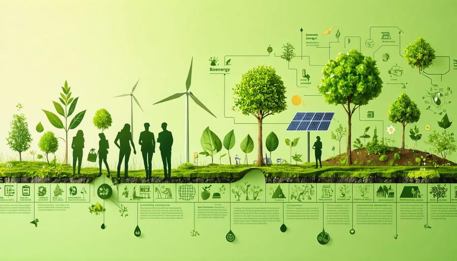 Infographic depicting the synergy between bioenergy, community engagement, and environmental sustainability in Australia, with symbols of renewable energy, community involvement, and biodiversity.