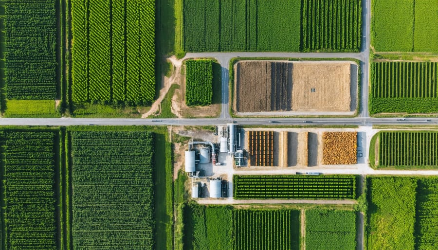 Modern bioenergy plant with adjacent farmland and biomass storage facilities