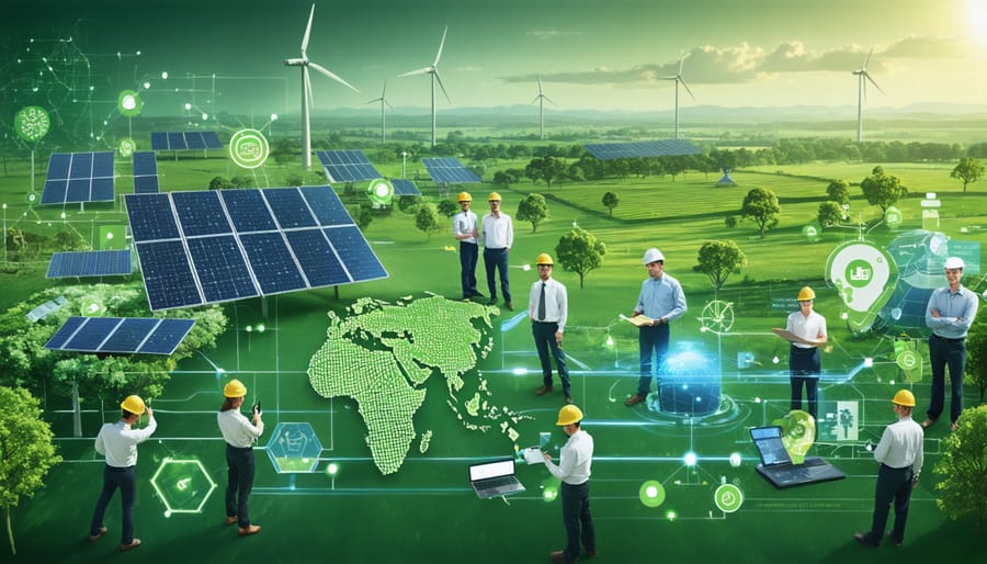 Diverse group of professionals working at a bioenergy facility, with solar panels and wind turbines in the background, representing Australia's renewable energy job growth.