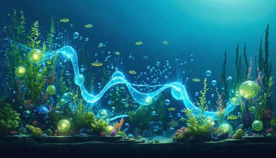 Conceptual illustration depicting the impact of bioenergy production on ocean chemical balance, showing glowing pathways of carbon, nitrogen, and phosphorus amidst an underwater marine ecosystem with integrated bioenergy elements.