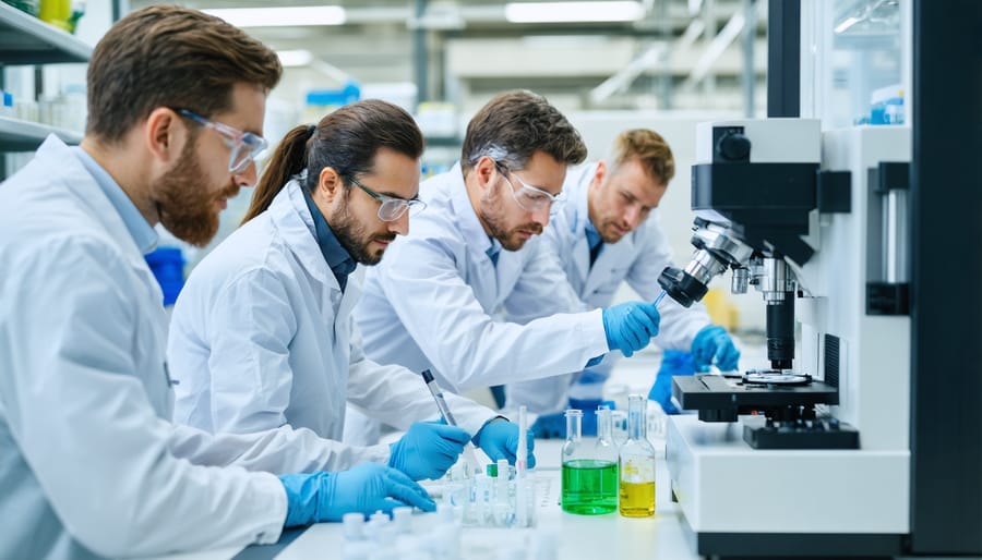 Scientists and technicians conducting research in a modern bioenergy laboratory