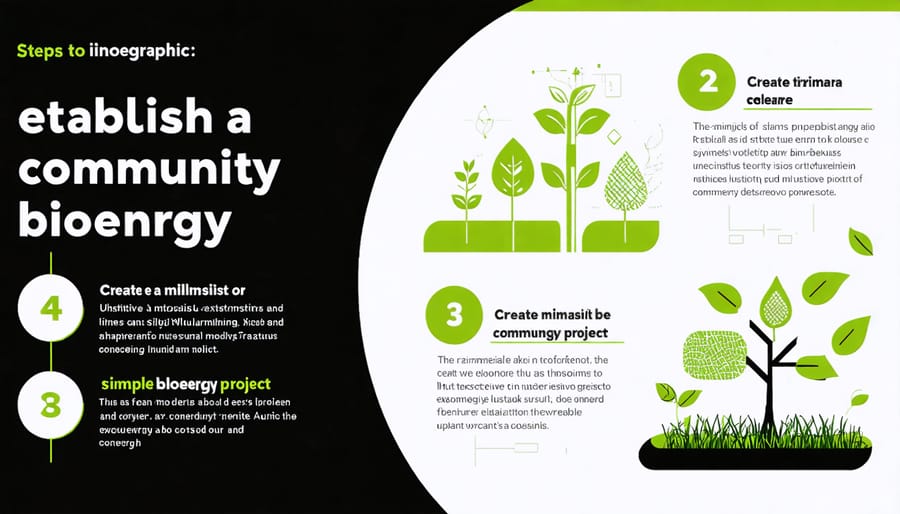 Step-by-step visual guide for starting a community bioenergy project, including planning, funding, and implementation phases