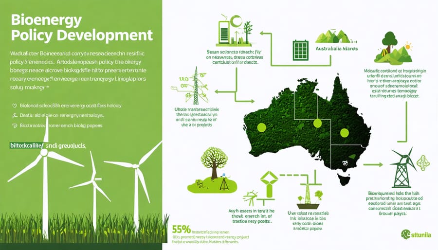 An infographic illustrating how scientific research from the Journal of Bioenergetics and Biomembranes influences Australian bioenergy policy, featuring elements of molecular biology, renewable energy technologies, and sustainability icons.