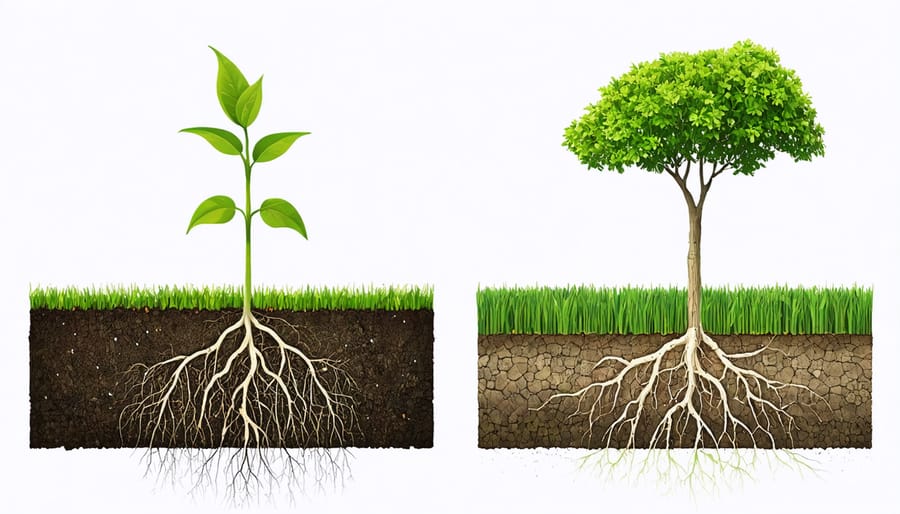 Comparative root structure visualization showing deep-reaching bioenergy crop roots next to conventional crop roots