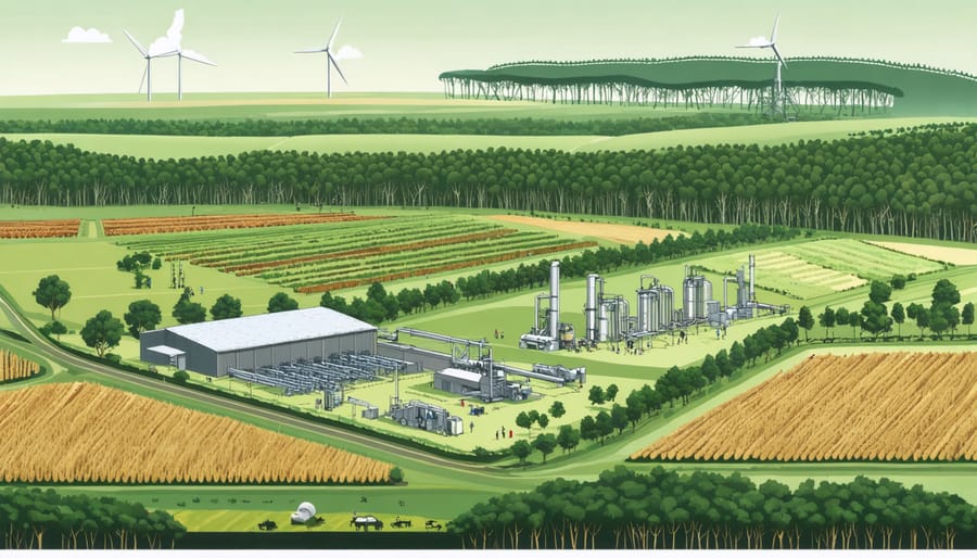 Vibrant rural Australian scene depicting a modern bioenergy facility surrounded by agricultural fields and lush forests, symbolizing the integration of sustainable energy technology in local communities.