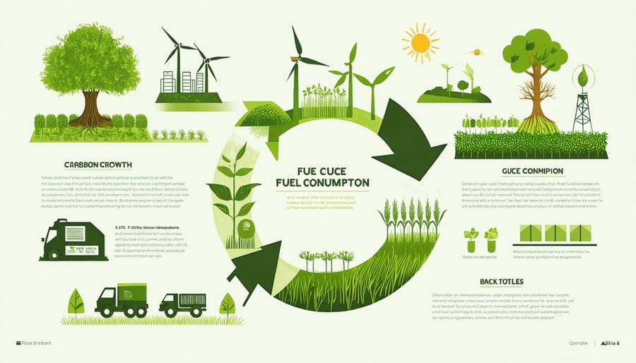 Circular diagram illustrating the carbon cycle of biofuels with arrows connecting plants, processing, consumption, and atmospheric CO2