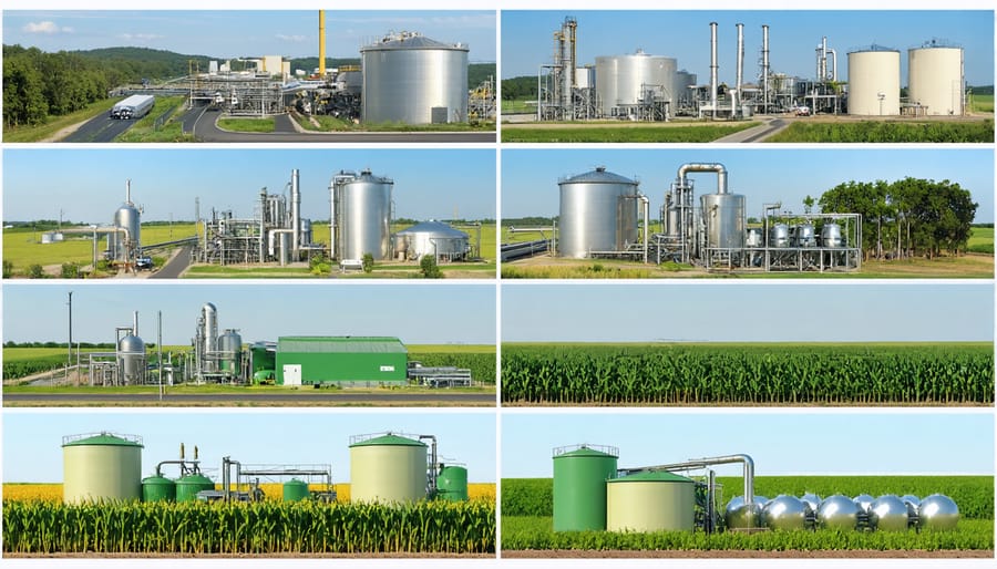 Modern biofuel production facilities with storage tanks and processing equipment