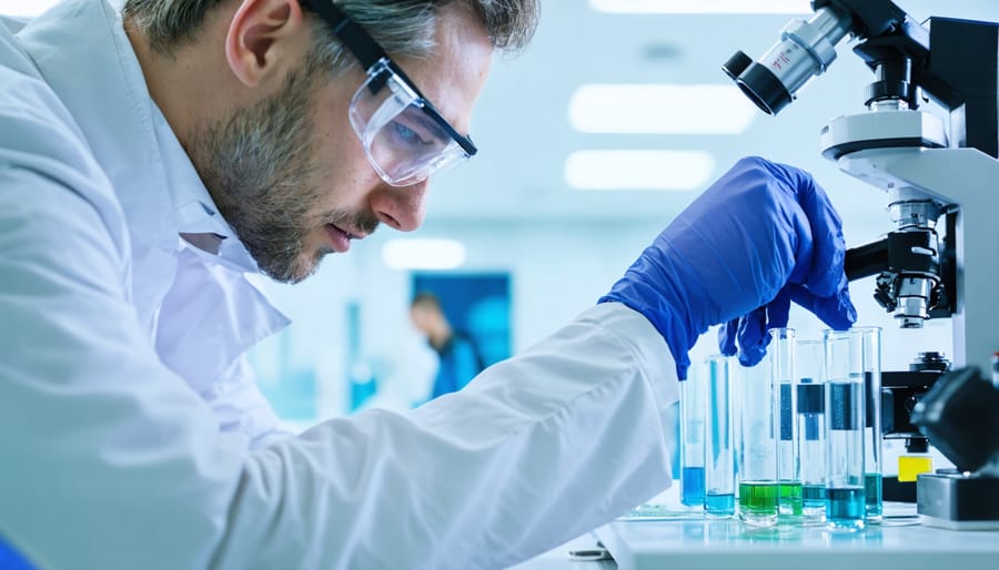 Research team analyzing biofuel samples in a modern laboratory