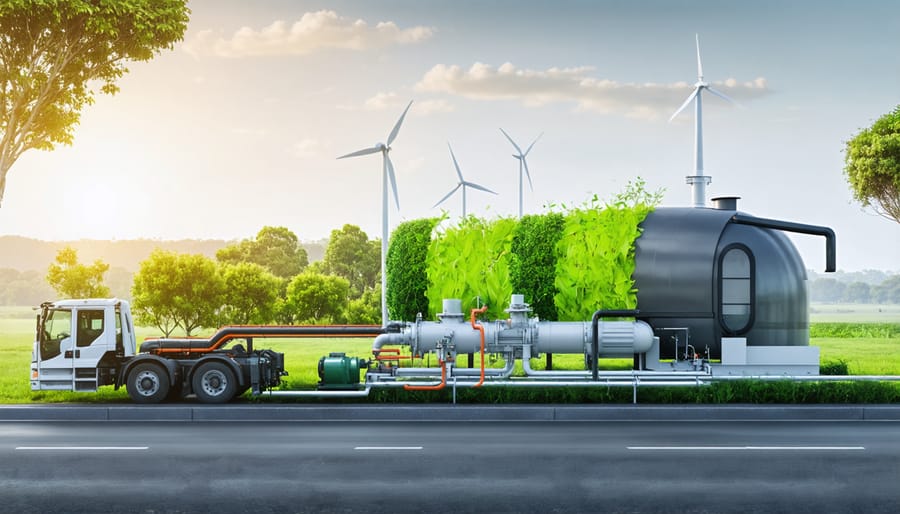 A biogas car driving through the Australian landscape with an illustrated overlay showing the transformation of organic waste into biomethane fuel, representing clean and sustainable transport.