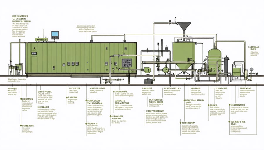 Illustrated diagram of biomass cogeneration plant showing feedstock input, combustion chamber, turbine, and heat recovery system