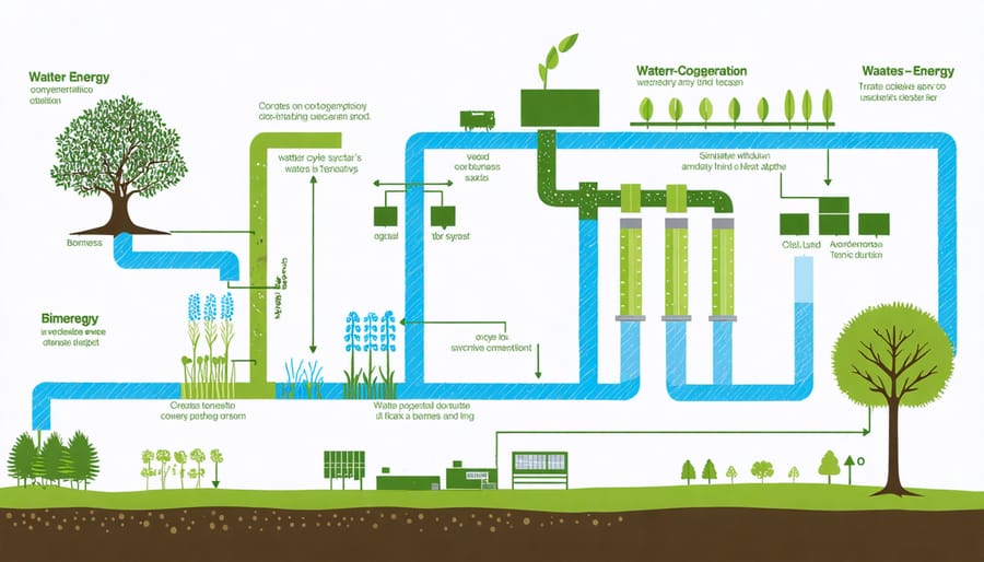 Diagram illustrating water flow and energy generation in a biomass cogeneration plant