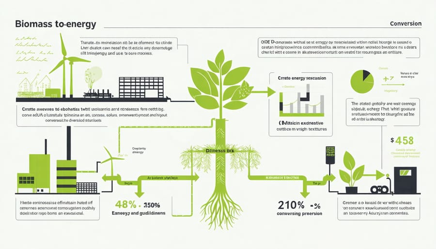 Diagram illustrating the steps and efficiency rates of converting biomass to usable energy