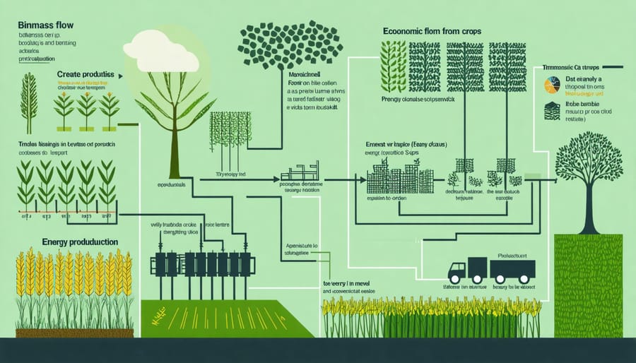 Visual diagram depicting the economic cycle of biomass agriculture, from farming to energy generation