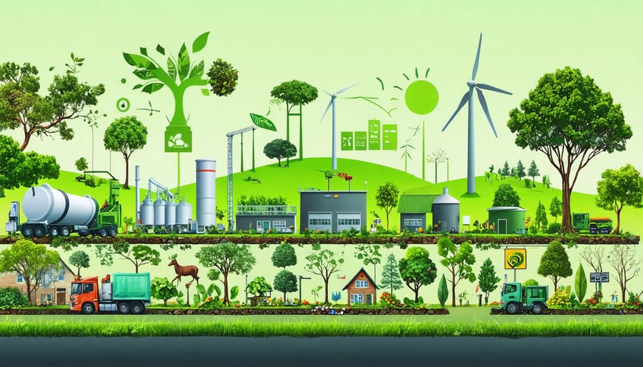 Illustration showing the cycle of organic waste being transformed into renewable energy within an Australian community setting, with emphasis on sustainability and environmental harmony.