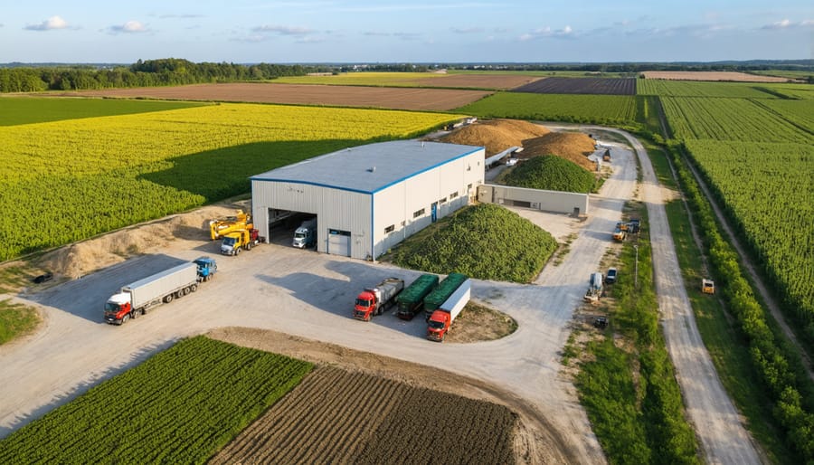 Modern biomass facility processing agricultural waste with transport vehicles and storage silos