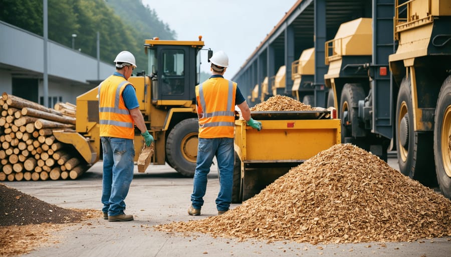 Forestry workers operating equipment at an Australian biomass processing facility