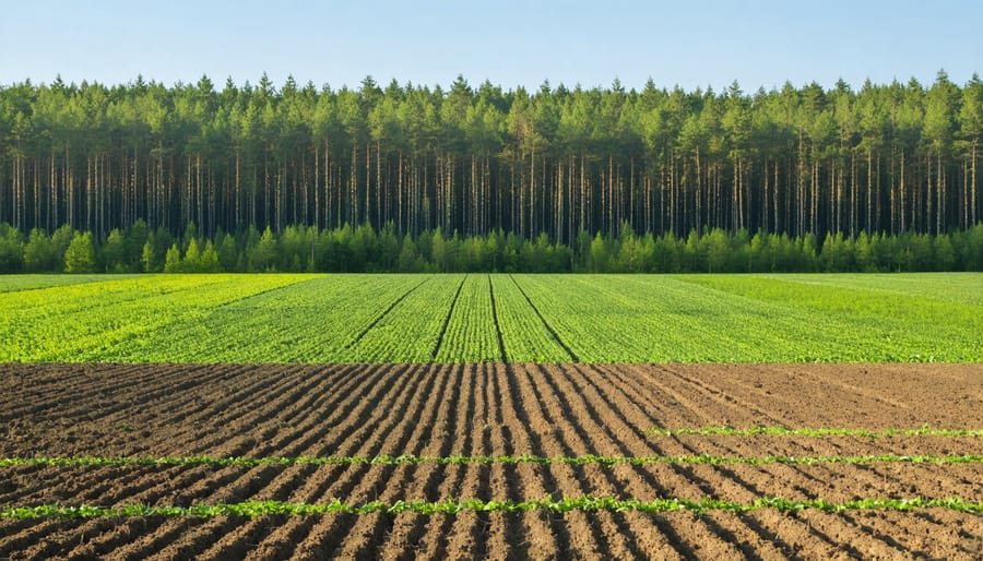 Aerial view of a bioenergy crop plantation bordering native Australian bushland