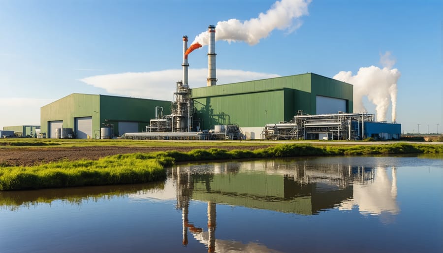 Aerial view of a biomass power facility with steam emissions and advanced filtration equipment